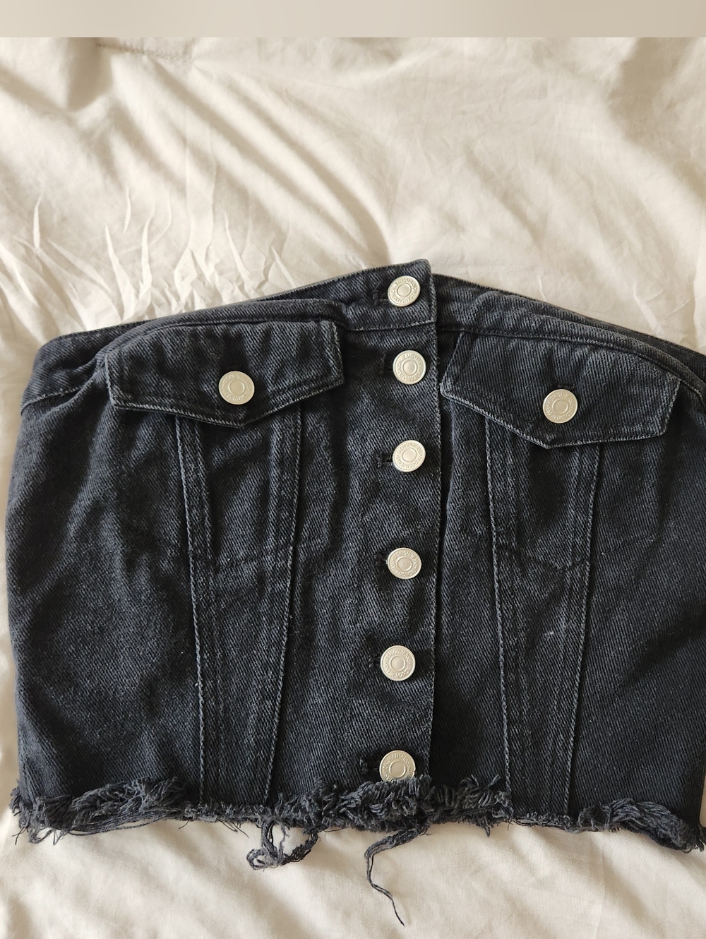 Strapless Black Denim Button-Front Crop Tube Top